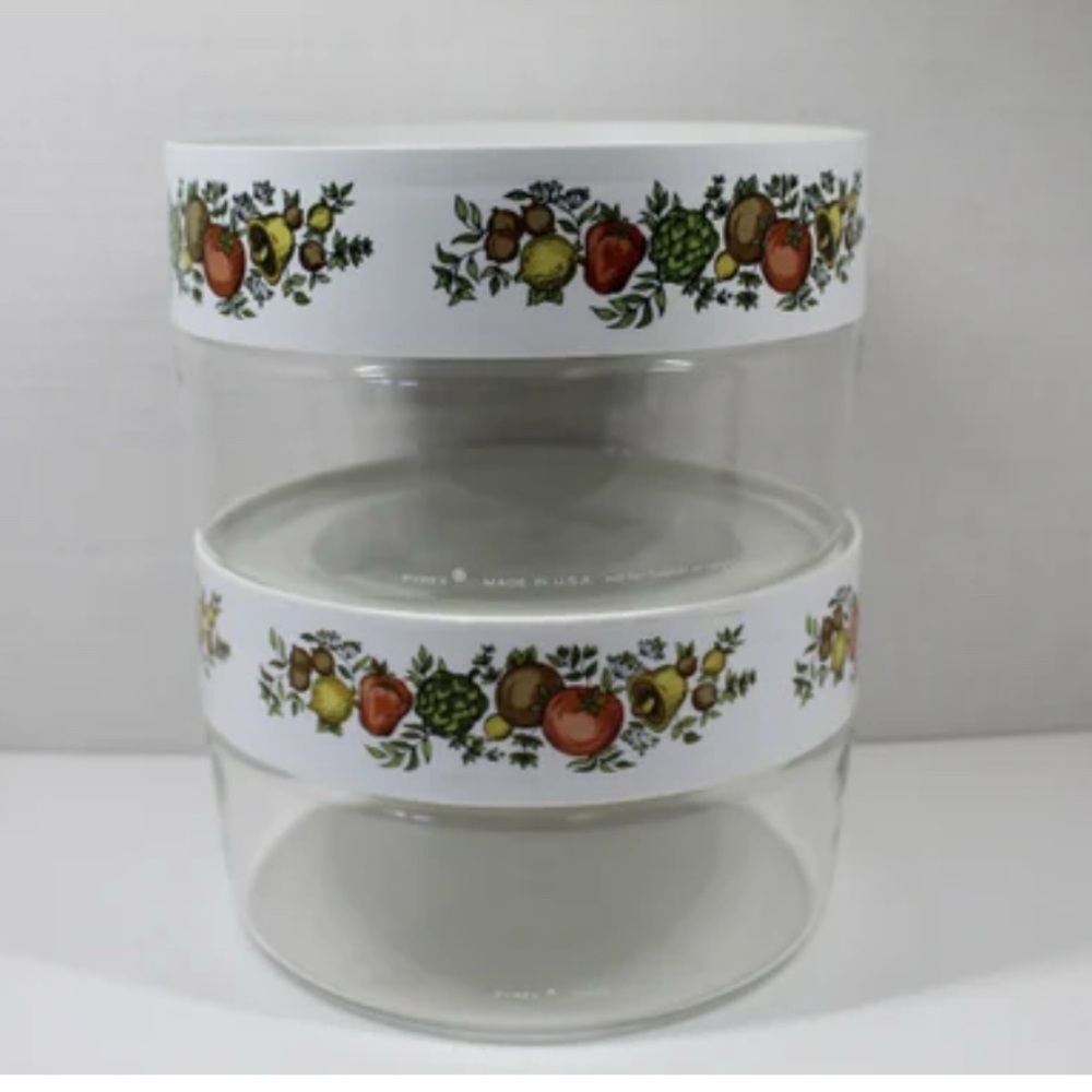 2 Vintage 1970s PYREX Spice Of Life See N Store Glass Canisters w/Lids USA